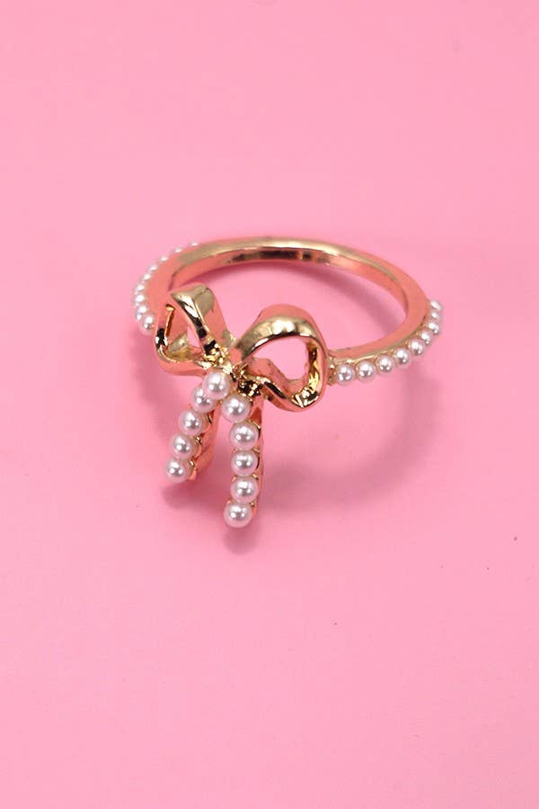 Gold Pearl Bow Ribbon Ring - Nifty Decor & More