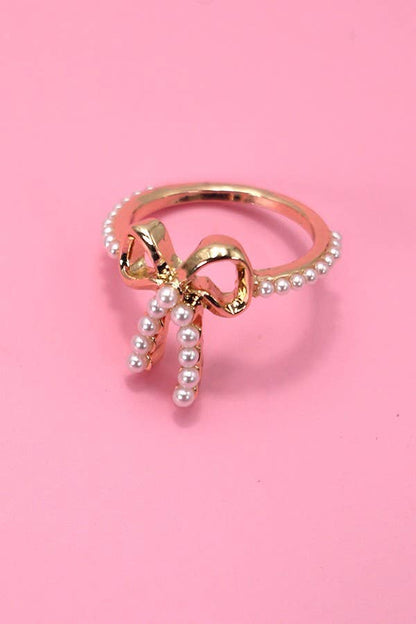 Gold Pearl Bow Ribbon Ring - Nifty Decor & More