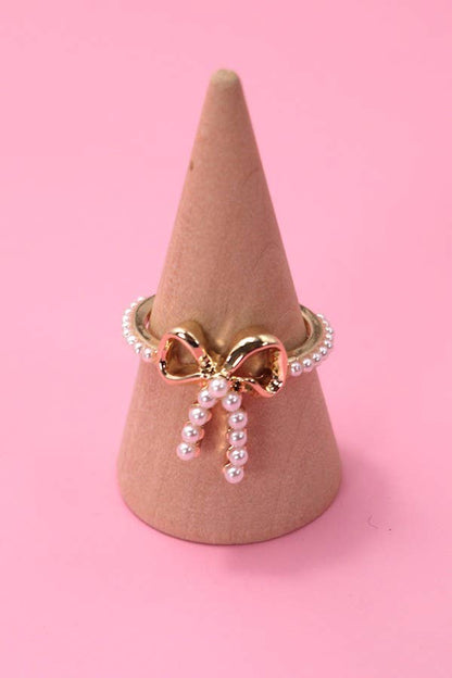 Gold Pearl Bow Ribbon Ring - Nifty Decor & More