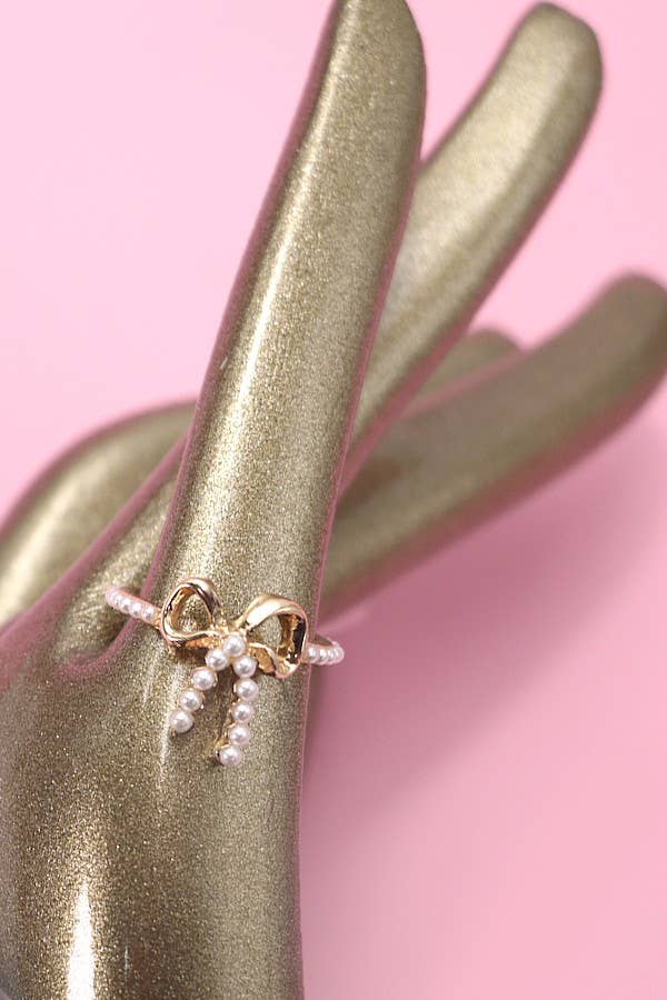 Gold Pearl Bow Ribbon Ring - Nifty Decor & More
