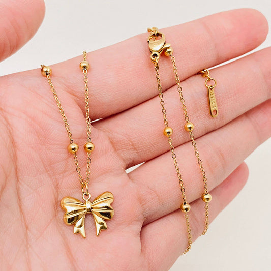 Gold Plated Stainless Steel Bow Pendant Necklace - FGS - Nifty Decor & More