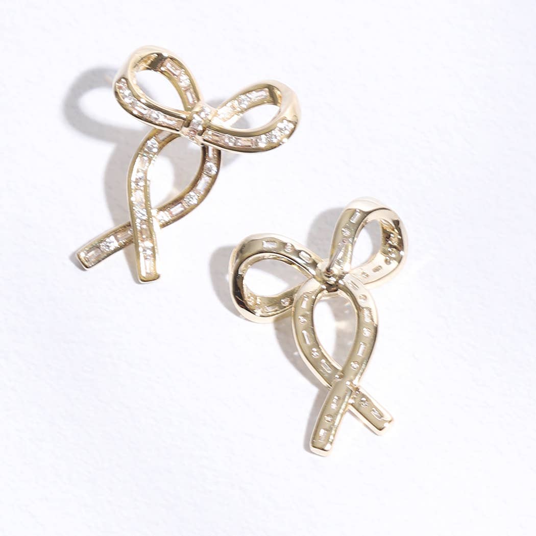Gold Ribbon Clear CZ Post Earrings