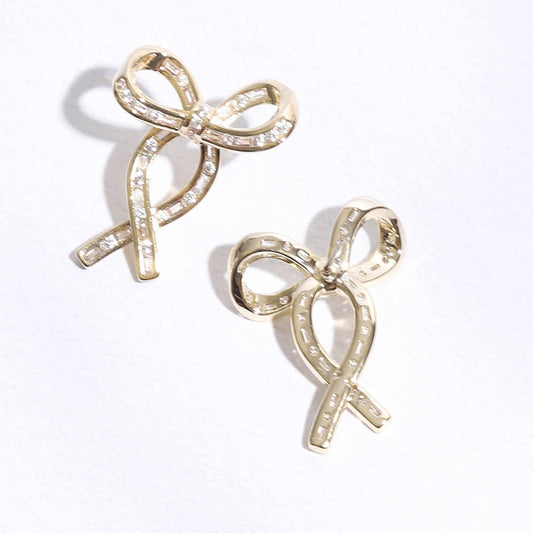 Gold Ribbon Clear CZ Post Earrings