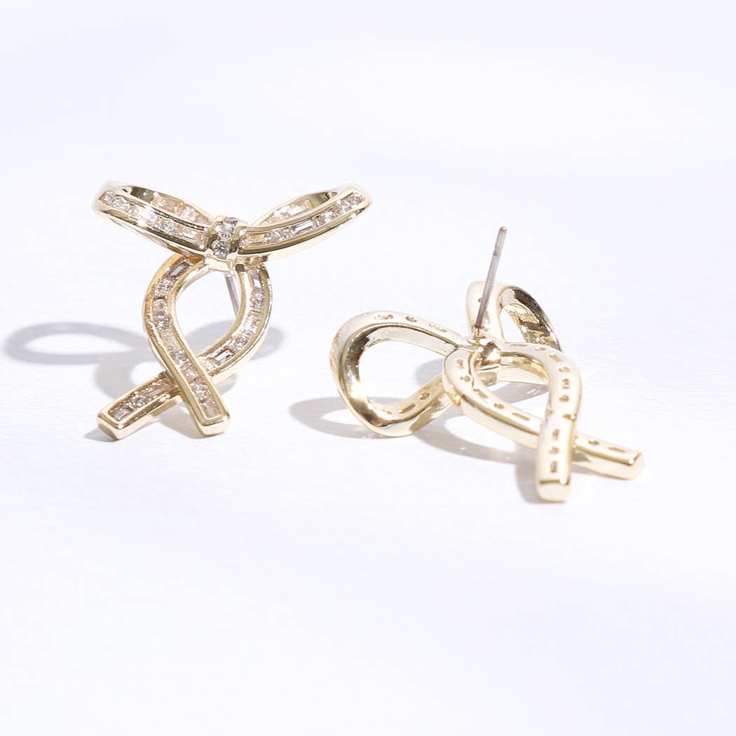 Gold Ribbon Clear CZ Post Earrings