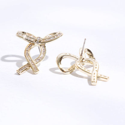 Gold Ribbon Clear CZ Post Earrings - Nifty Decor & More