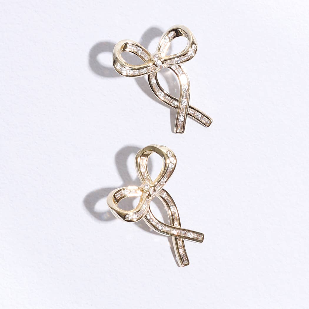 Gold Ribbon Clear CZ Post Earrings