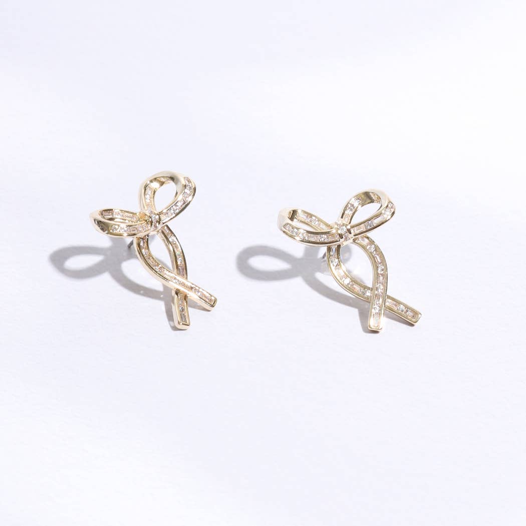Gold Ribbon Clear CZ Post Earrings