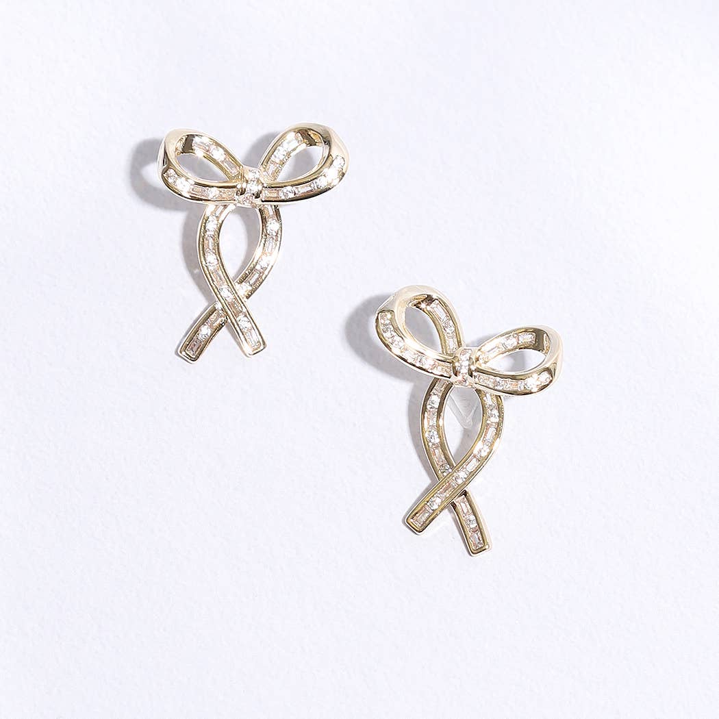 Gold Ribbon Clear CZ Post Earrings