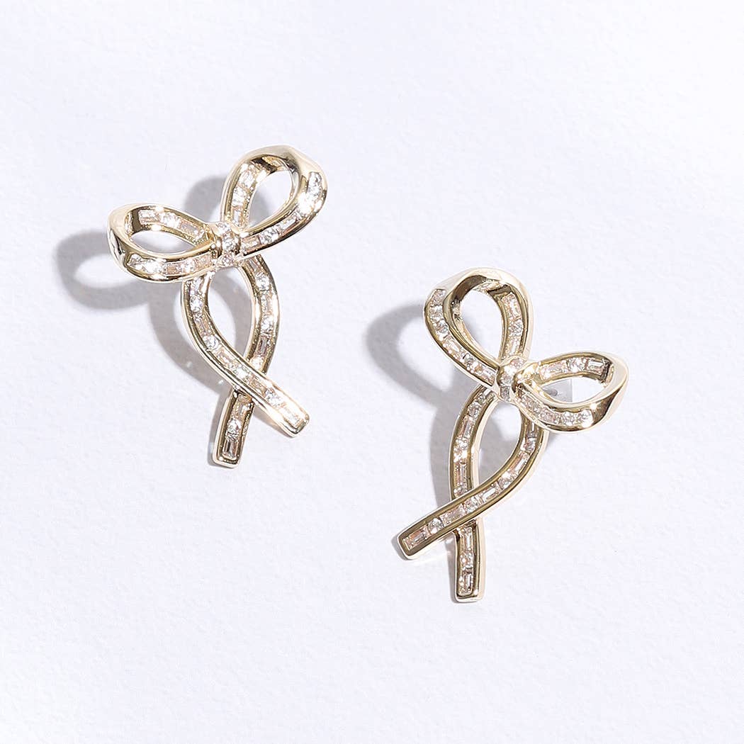 Gold Ribbon Clear CZ Post Earrings - Nifty Decor & More