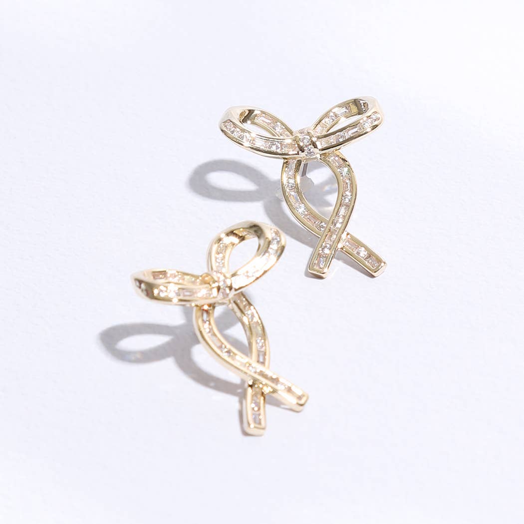 Gold Ribbon Clear CZ Post Earrings