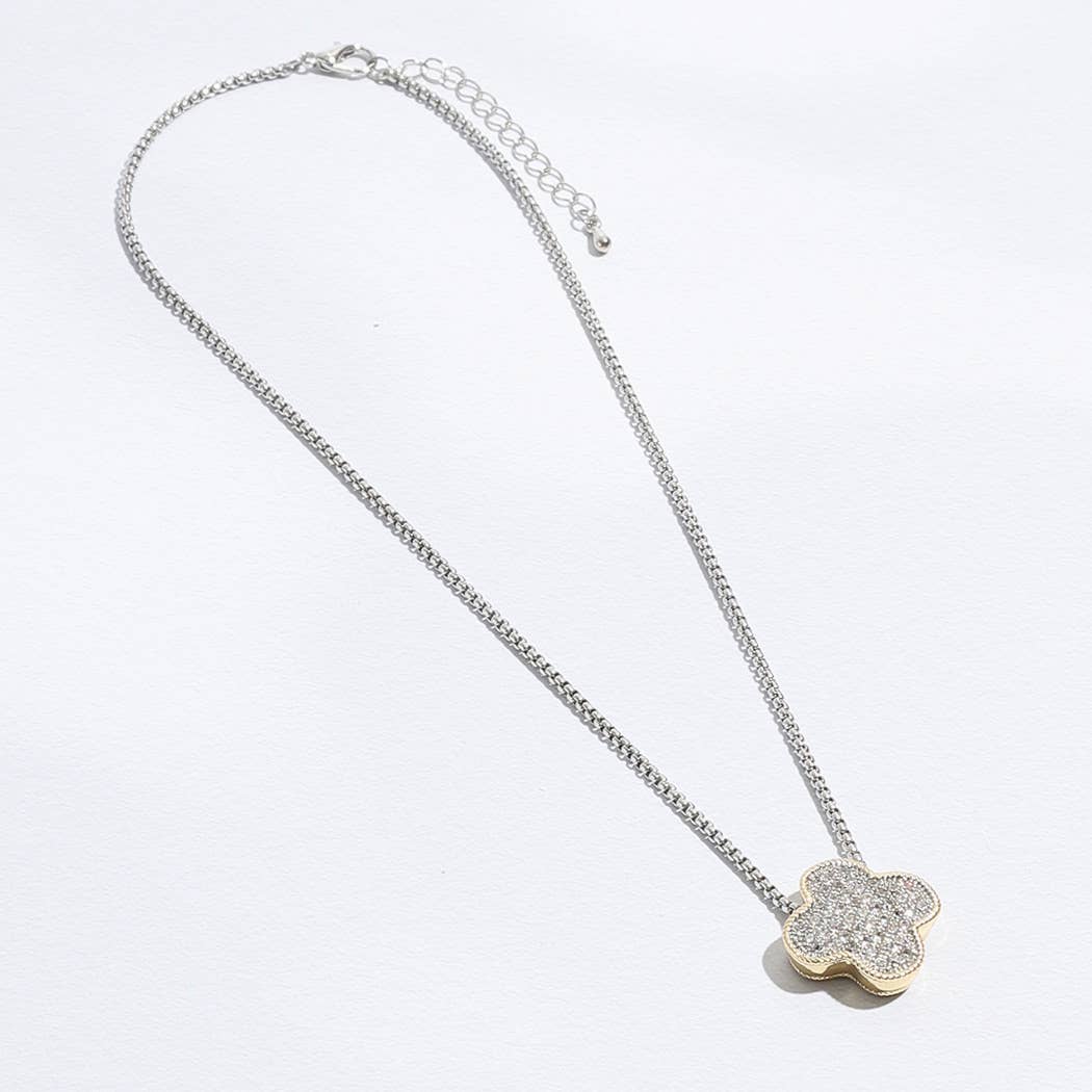 Gold Tone Outline CZ Clover Pendant Necklace