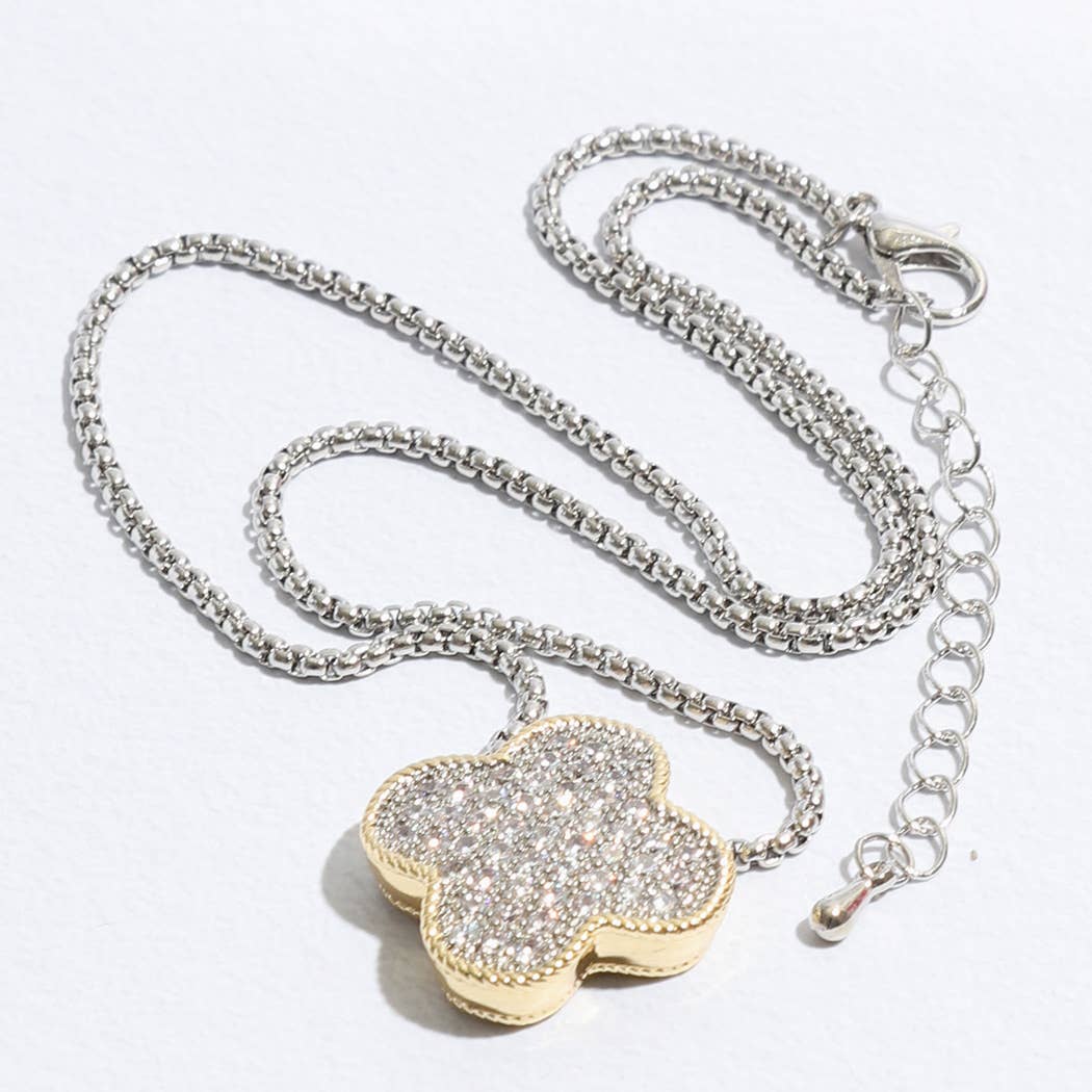 Gold Tone Outline CZ Clover Pendant Necklace - Nifty Decor & More