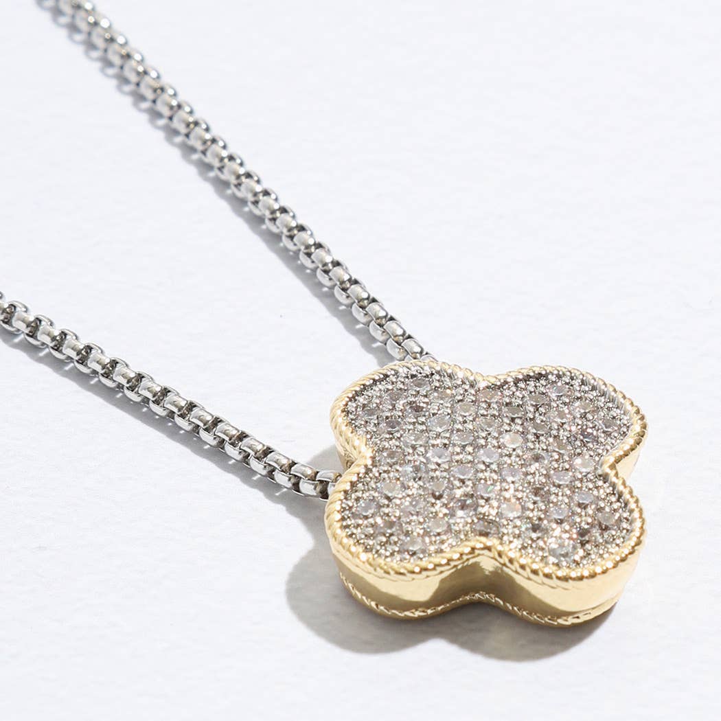 Gold Tone Outline CZ Clover Pendant Necklace - Nifty Decor & More