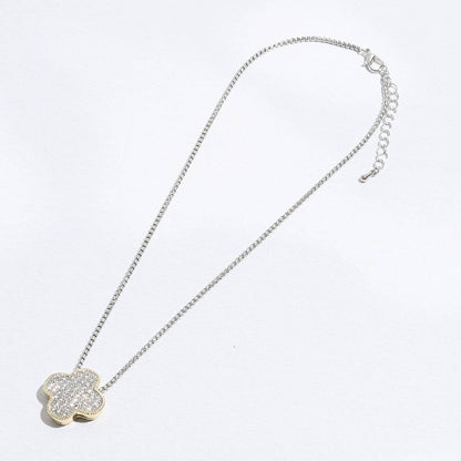 Gold Tone Outline CZ Clover Pendant Necklace - Nifty Decor & More