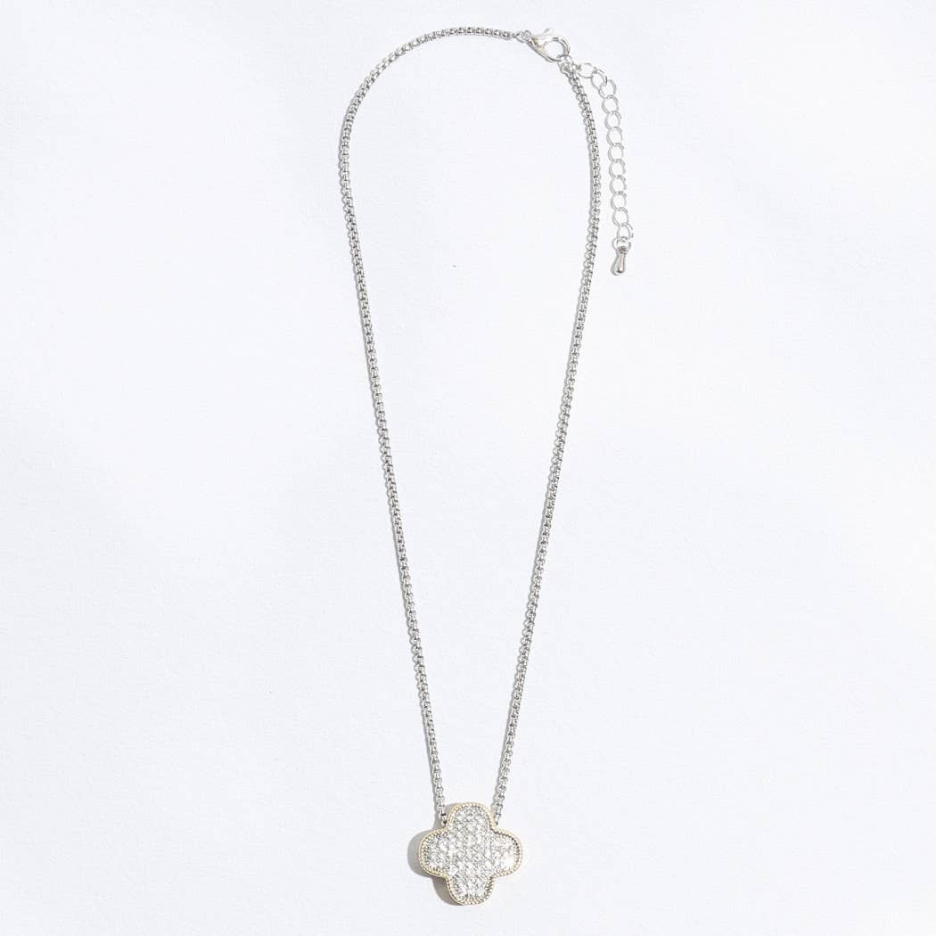 Gold Tone Outline CZ Clover Pendant Necklace