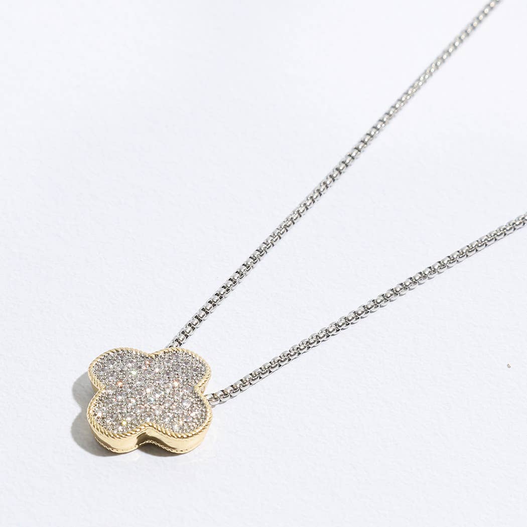 Gold Tone Outline CZ Clover Pendant Necklace