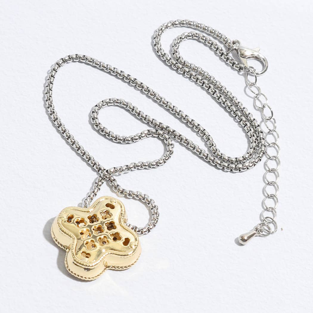 Gold Tone Outline CZ Clover Pendant Necklace