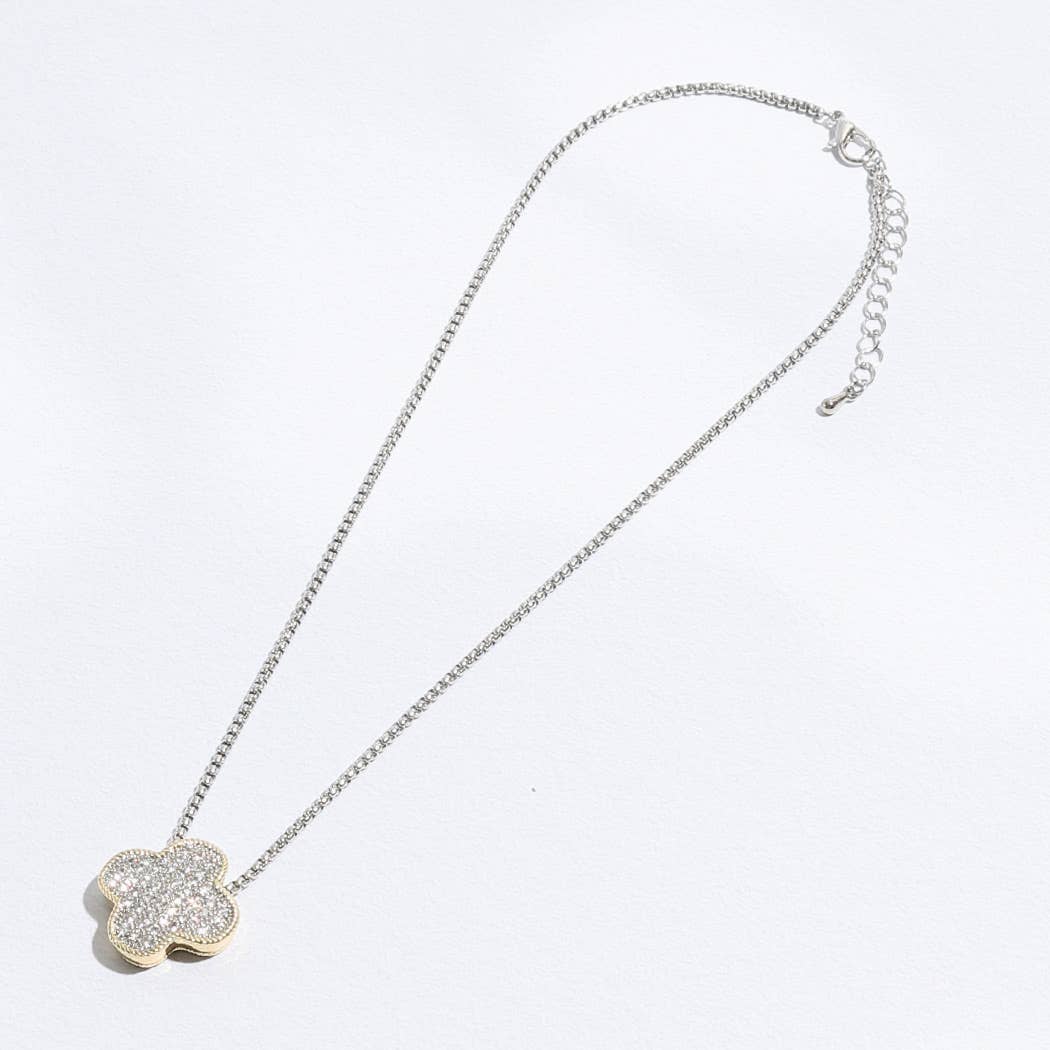 Gold Tone Outline CZ Clover Pendant Necklace