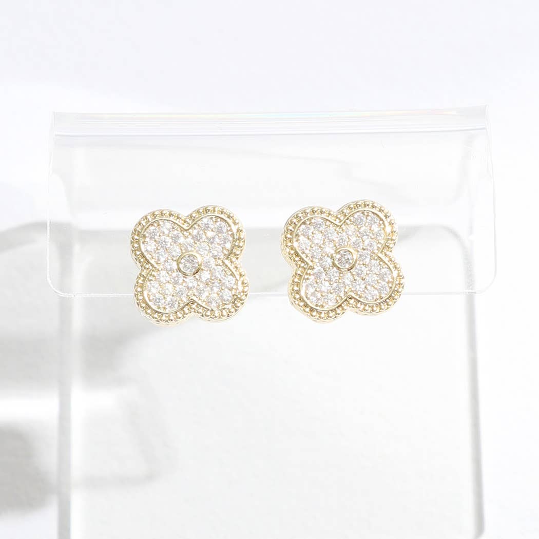 Gold Tone Outline CZ Pave Clover Post Earrings
