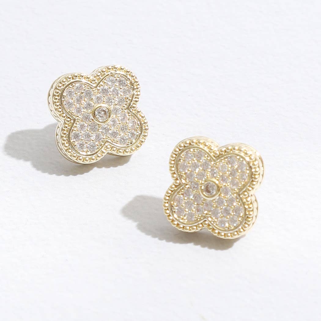 Gold Tone Outline CZ Pave Clover Post Earrings - Nifty Decor & More