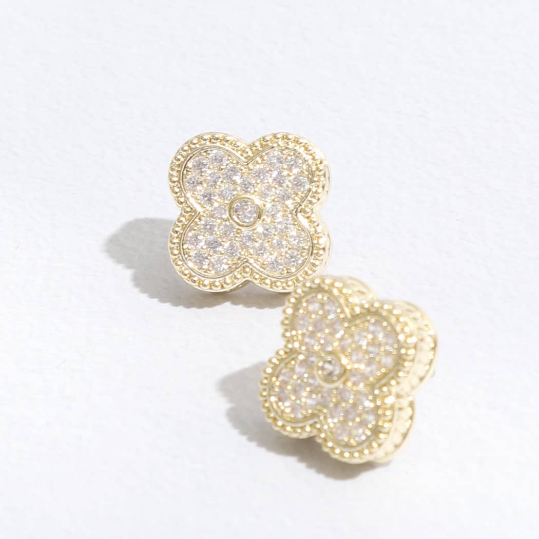 Gold Tone Outline CZ Pave Clover Post Earrings - Nifty Decor & More