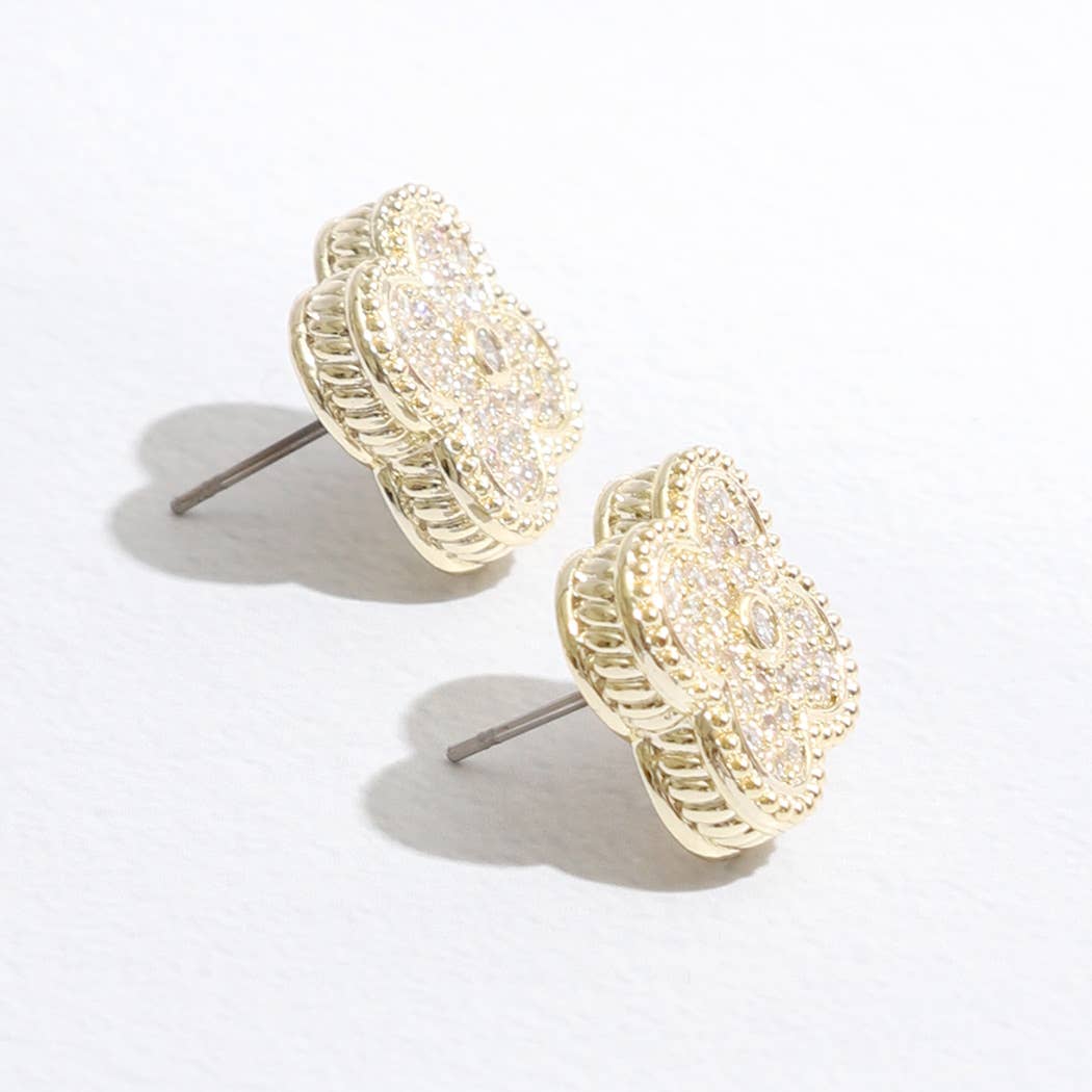 Gold Tone Outline CZ Pave Clover Post Earrings