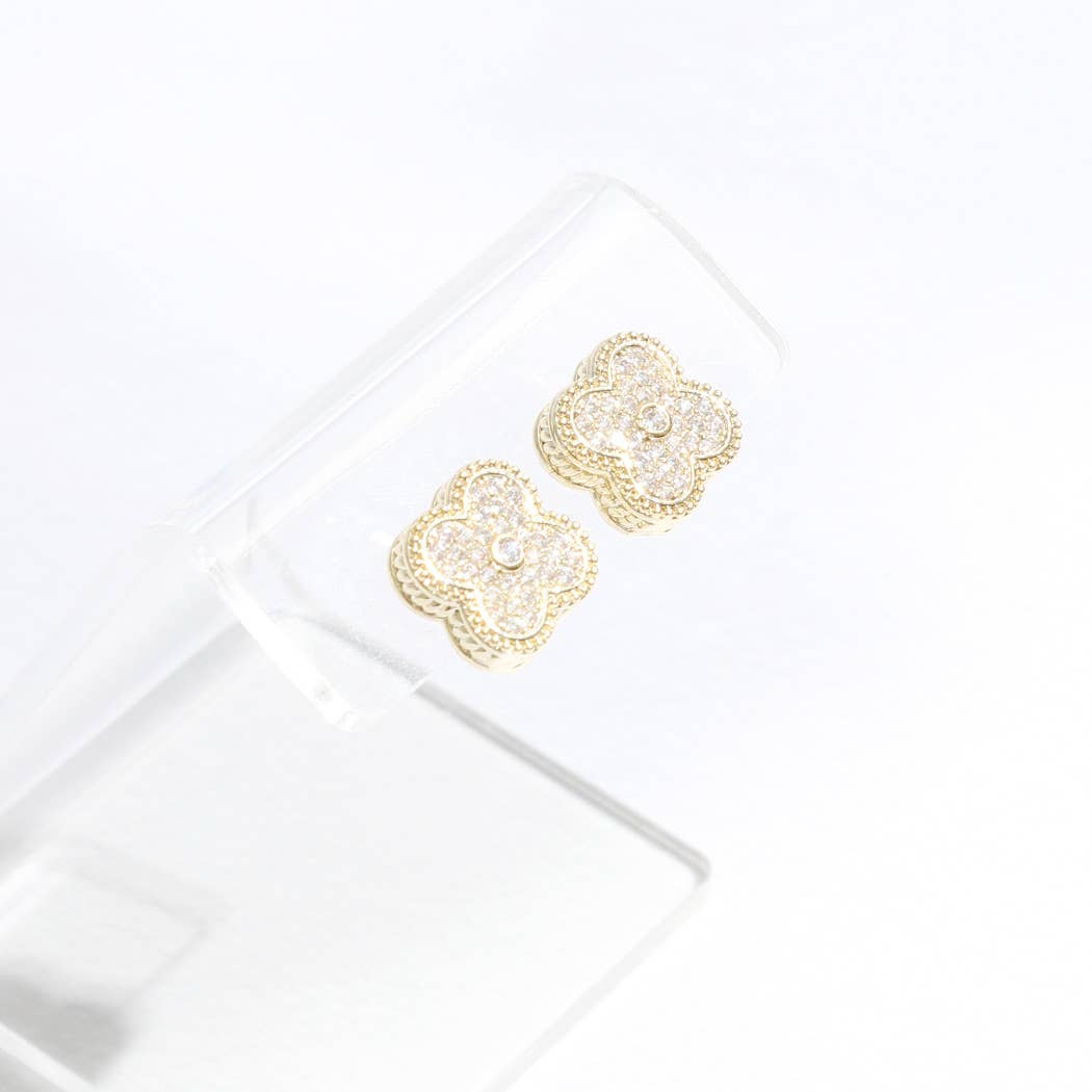 Gold Tone Outline CZ Pave Clover Post Earrings