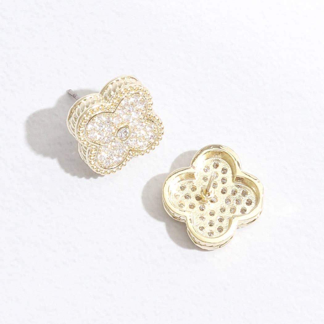 Gold Tone Outline CZ Pave Clover Post Earrings