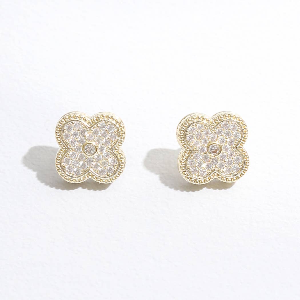 Gold Tone Outline CZ Pave Clover Post Earrings