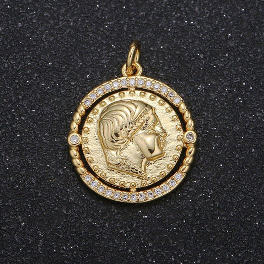 Golden Rustic Emperor Coin Charm CZ Dainty Micro Pave Geometric Round Medallion Charm Pendant GP-067