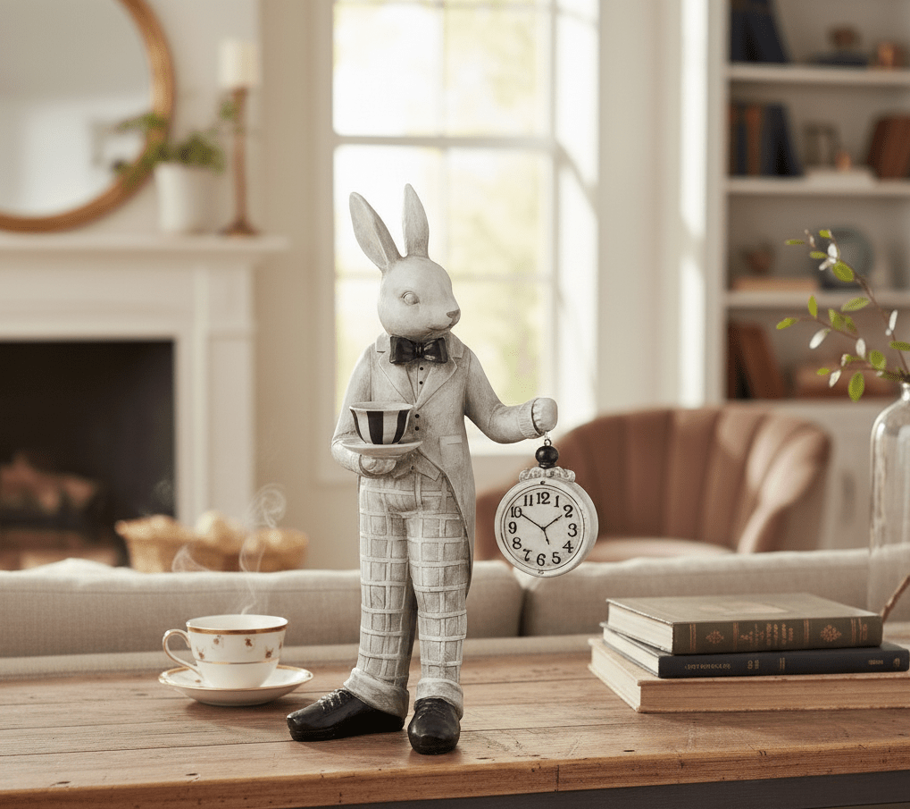 Gray and Black Bunny Holding Clock - Nifty Decor & More