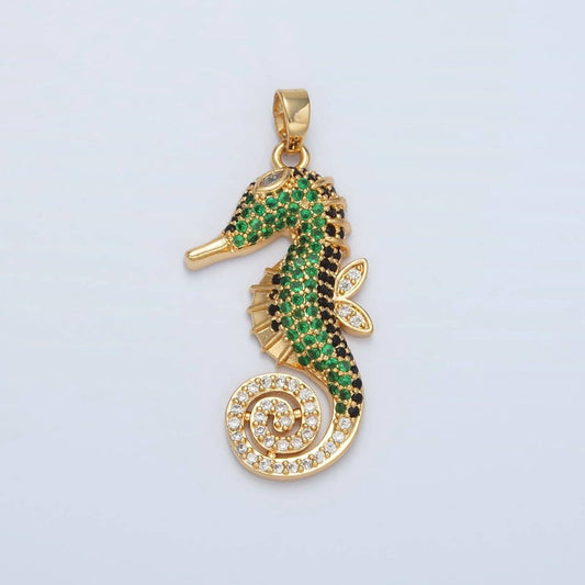 Green Sea Horse Pendant 24K Gold Filled Green Micro Paved Sea Horse Ocean Animal Pendant