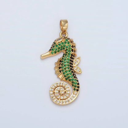 Green Sea Horse Pendant 24K Gold Filled Green Micro Paved Sea Horse Ocean Animal Pendant - Nifty Decor & More