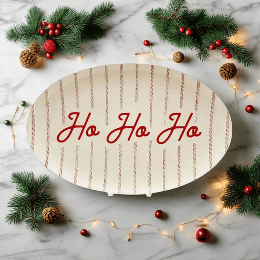 Guess and Company - Red/White Ticking Ho Ho Ho Platter - Nifty Decor & More