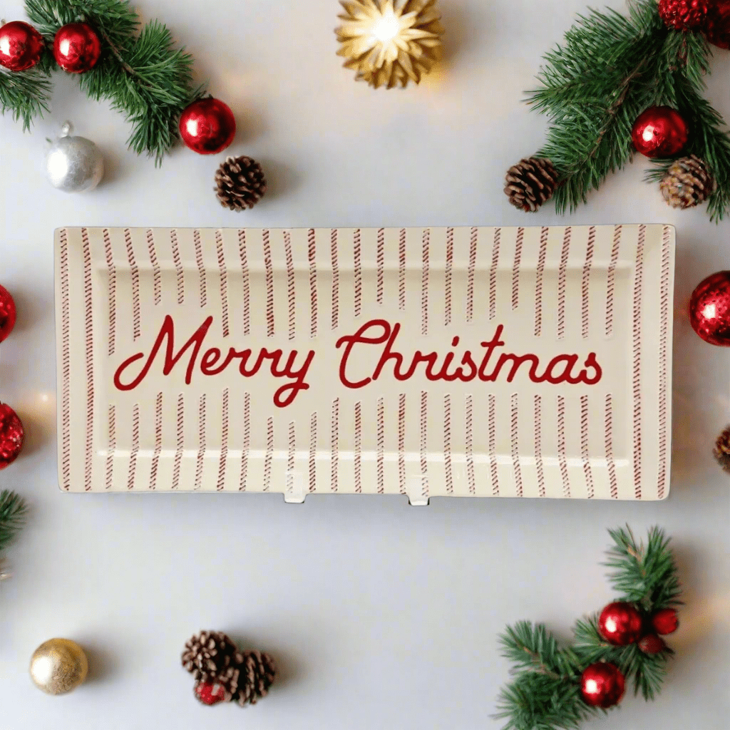 Guess and Company - Red/White Ticking Merry Christmas Rec Platter - Nifty Decor & More