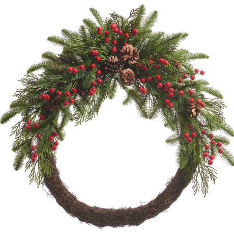 RAZ - 30" Red Berry and Pinecone Mixed Greenery Half Wreath Christmas Wreath   