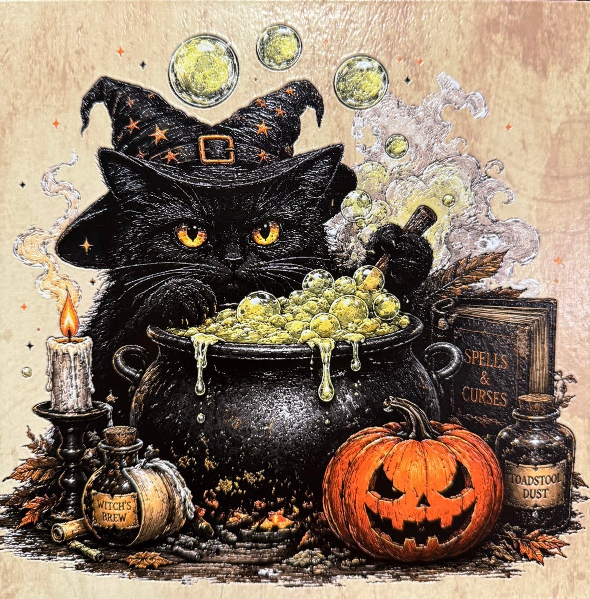 Halloween Cauldron & Black Cat Unframed Canvas Art - Nifty Decor & More