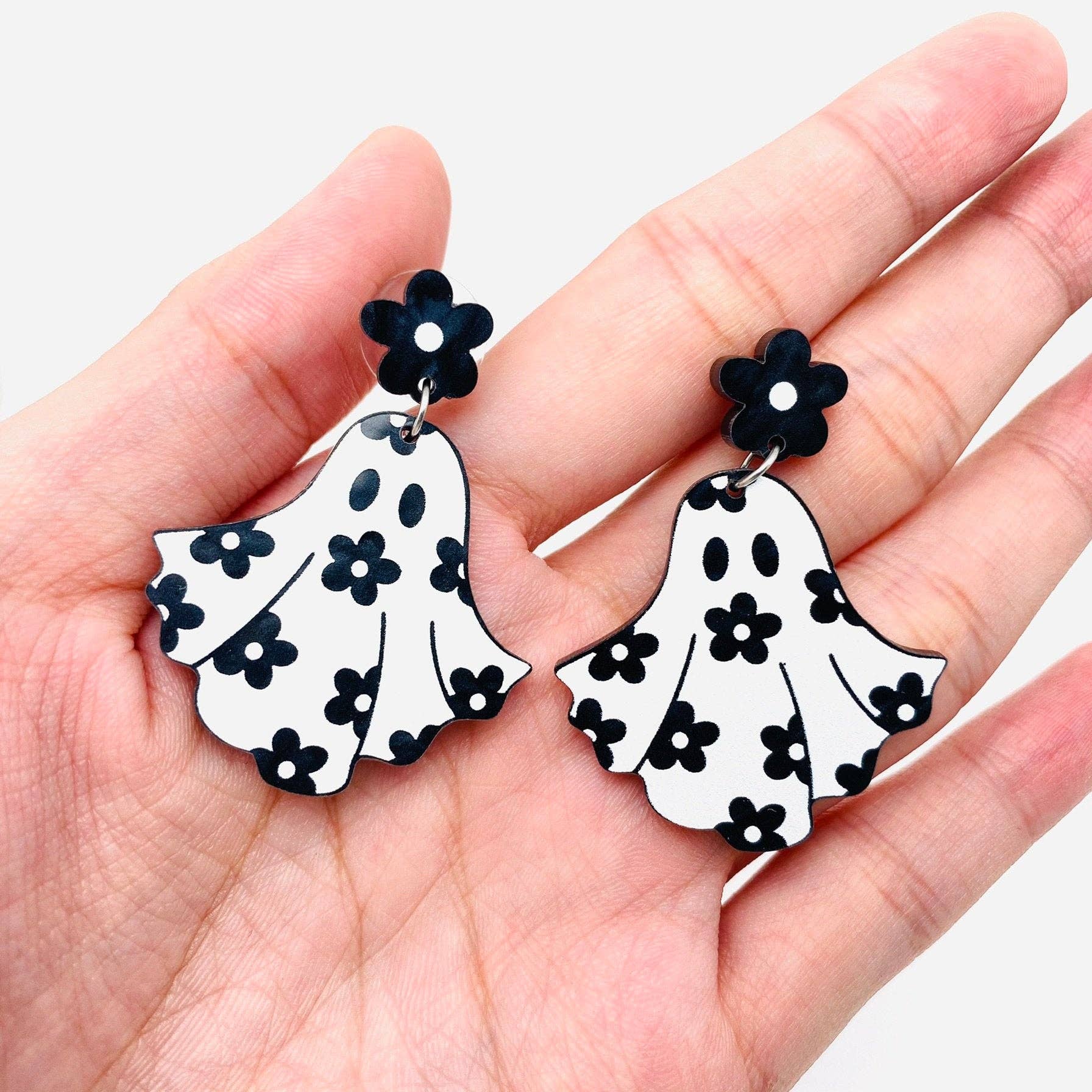 Halloween Flower Ghost Acrylic Post Earrings - Nifty Decor & More