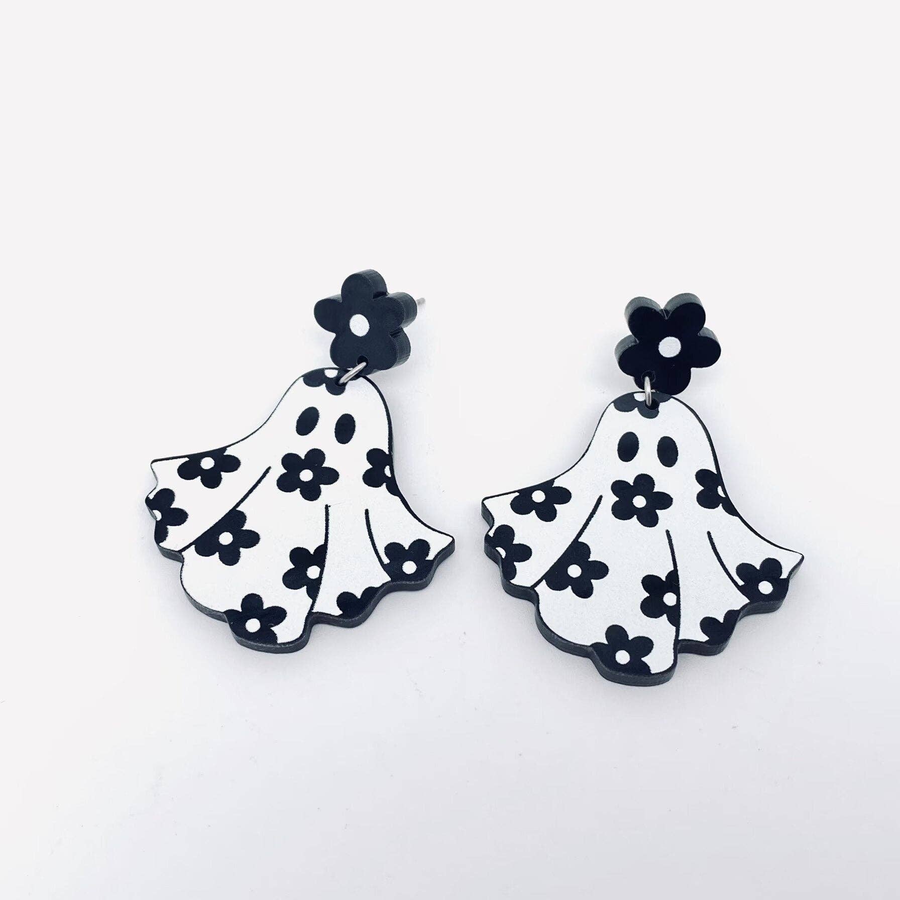Halloween Flower Ghost Acrylic Post Earrings - Nifty Decor & More