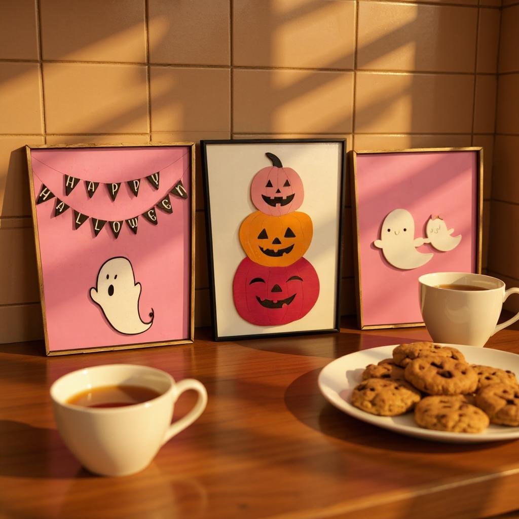 Halloween Home Wall Decor, Pink Pumpkins & Colorful Bats, Spooky Chic Boos Decoration for Fall Season - Nifty Decor & More