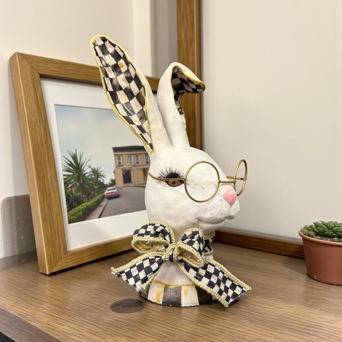 Hand Painted Bunny Bust with Glasses | Checkered Rabbit Decor | Spring Easter Shelf Decor | Pink, Blue or Black Check Options - Nifty Decor & More