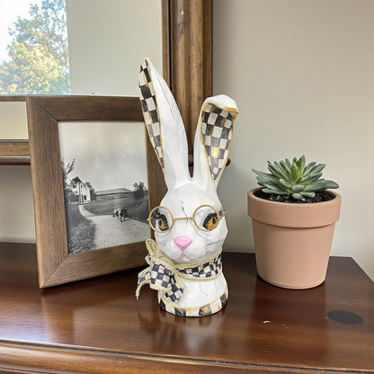 Hand Painted Bunny Bust with Glasses | Checkered Rabbit Decor | Spring Easter Shelf Decor | Pink, Blue or Black Check Options - Nifty Decor & More