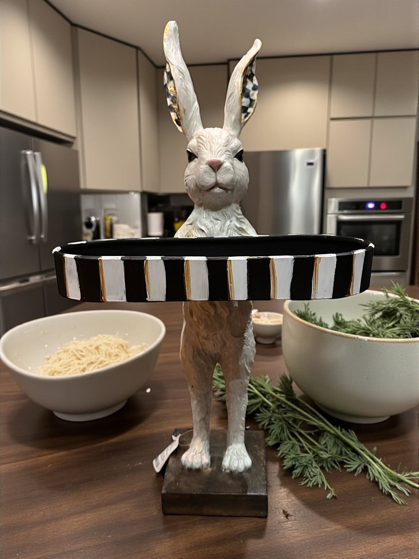 Hand Painted Checkerboard 28" Rabbit with Tray | Spring Home Decor | Cute Bunny Figurine for Easter & Spring | Seasonal Decorative Accent - Nifty Decor & More