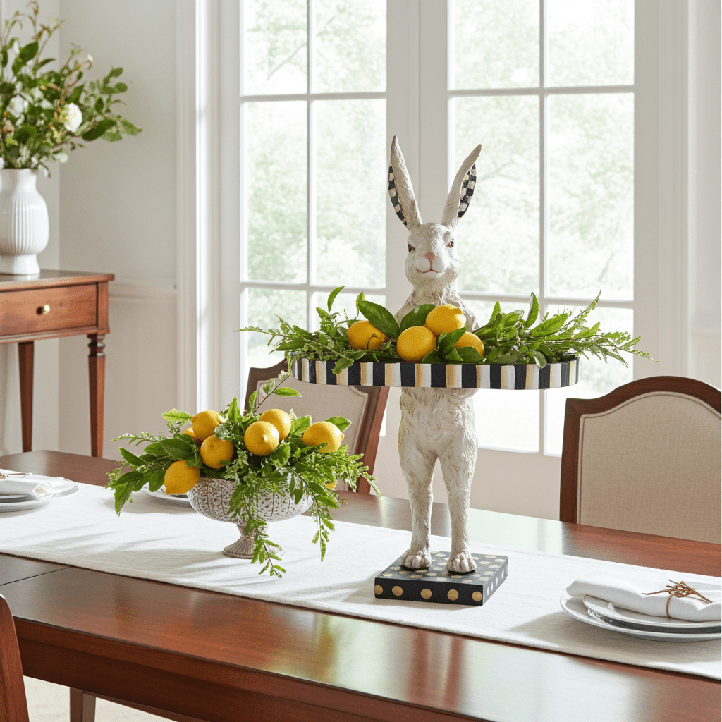 Hand Painted Checkerboard 28" Rabbit with Tray | Spring Home Decor | Cute Bunny Figurine for Easter & Spring | Seasonal Decorative Accent - Nifty Decor & More