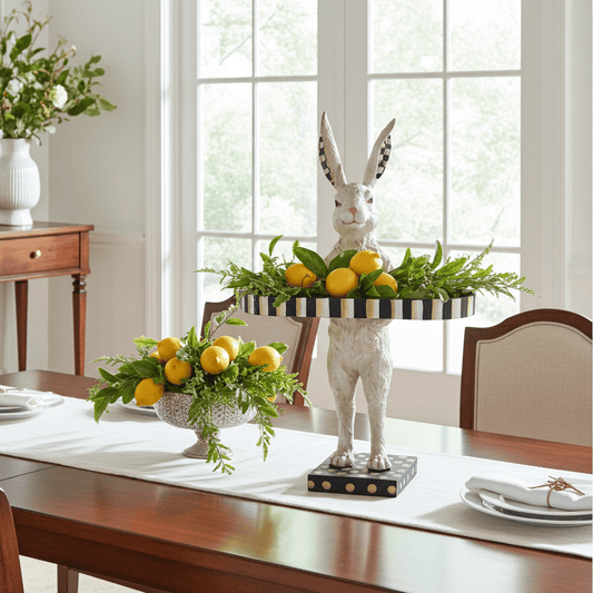 Hand Painted Checkerboard 28" Rabbit with Tray | Spring Home Decor | Cute Bunny Figurine for Easter & Spring | Seasonal Decorative Accent - Nifty Decor & More