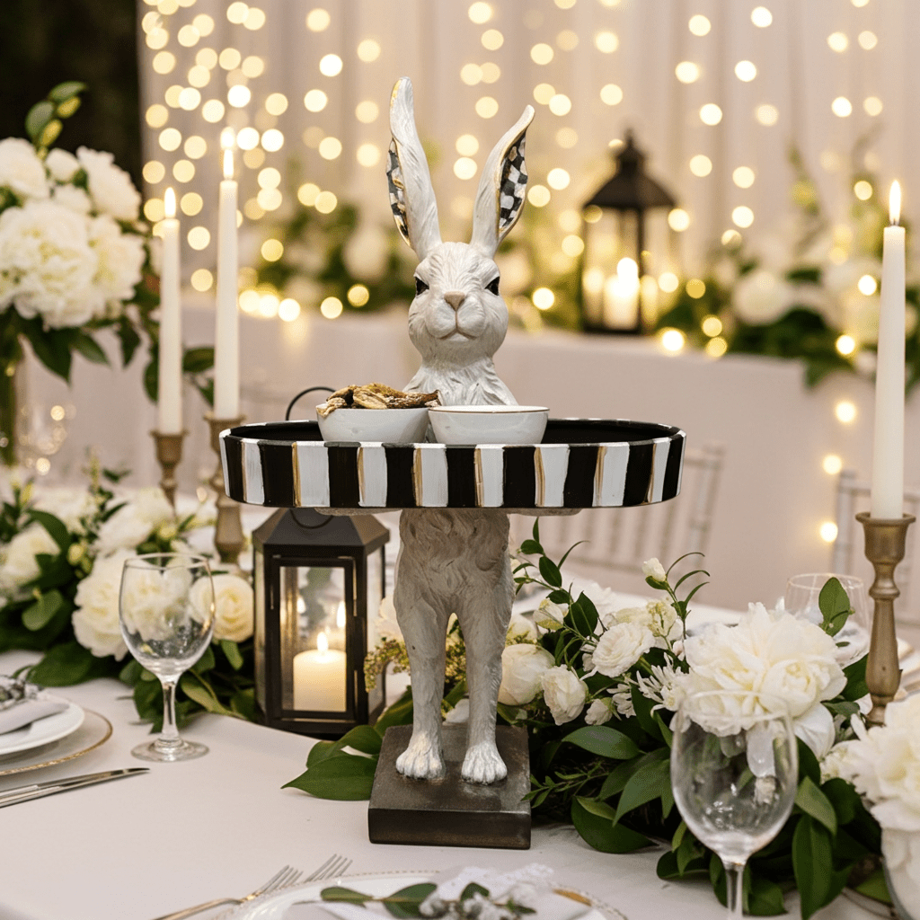 Hand Painted Checkerboard 28" Rabbit with Tray | Spring Home Decor | Cute Bunny Figurine for Easter & Spring | Seasonal Decorative Accent - Nifty Decor & More