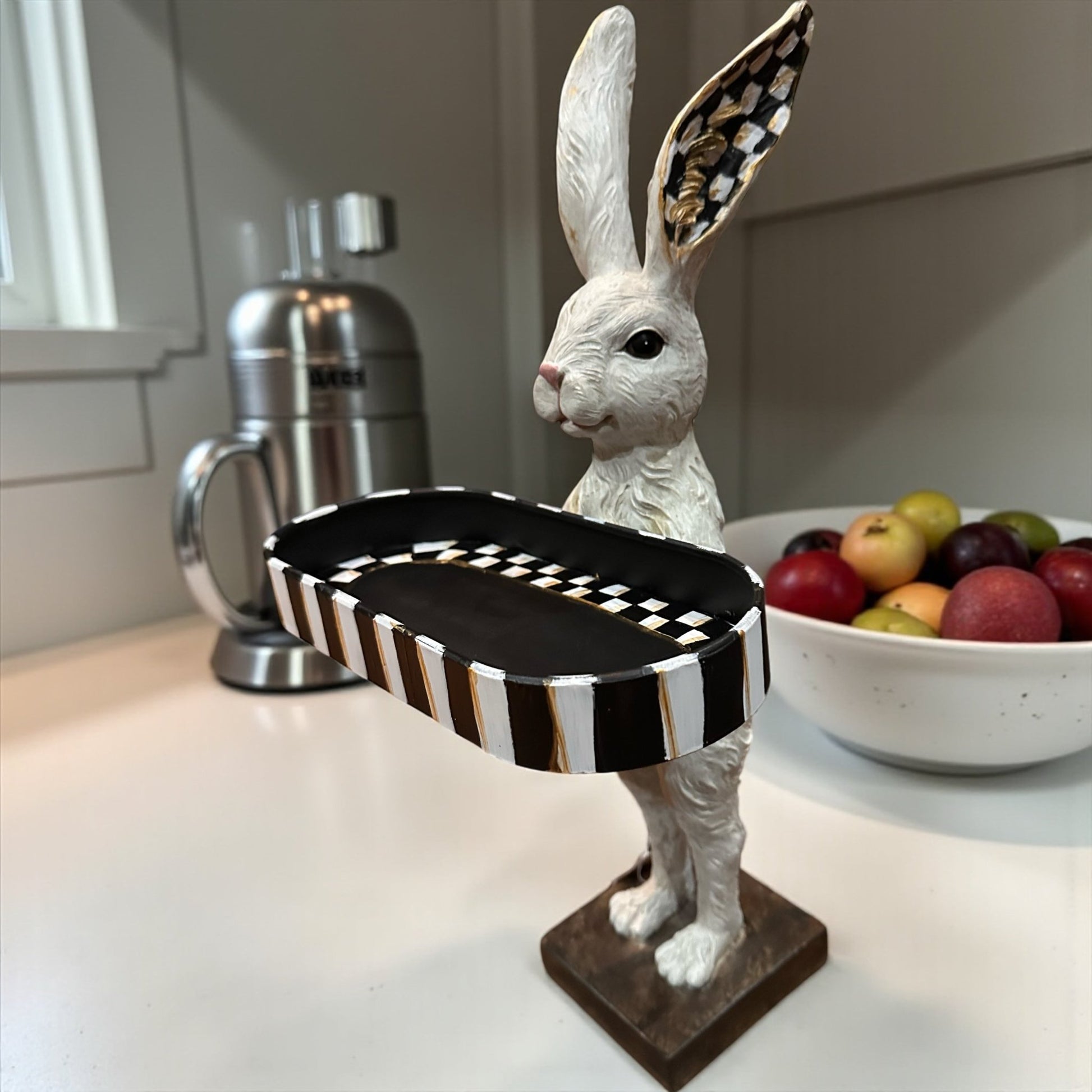 Hand Painted Checkerboard 28" Rabbit with Tray | Spring Home Decor | Cute Bunny Figurine for Easter & Spring | Seasonal Decorative Accent - Nifty Decor & More