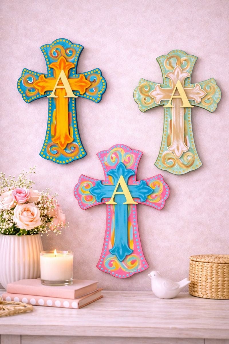 Hand Painted Wooden Cross Wall Decor, Colorful Christian Cross, Faith Wall Art, Personalized Initial Cross, Religious Home Decor, Baptism Gift - Nifty Decor & More