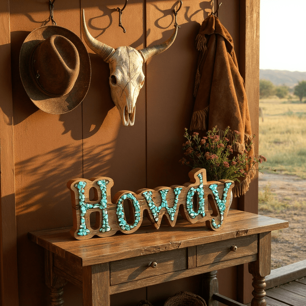 Handcrafted Howdy Resin Turquoise Stones Sign Western Decor