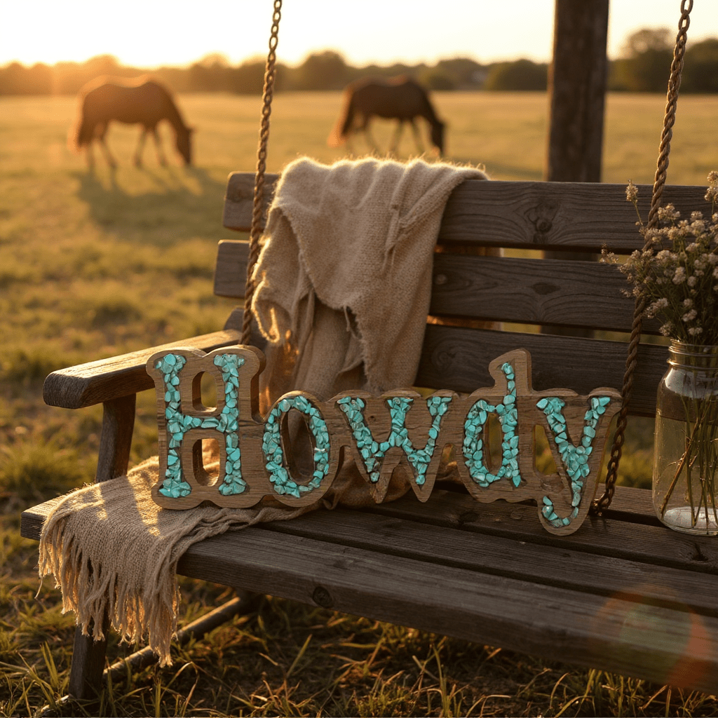 Handcrafted Howdy Resin Turquoise Stones Sign Western Decor